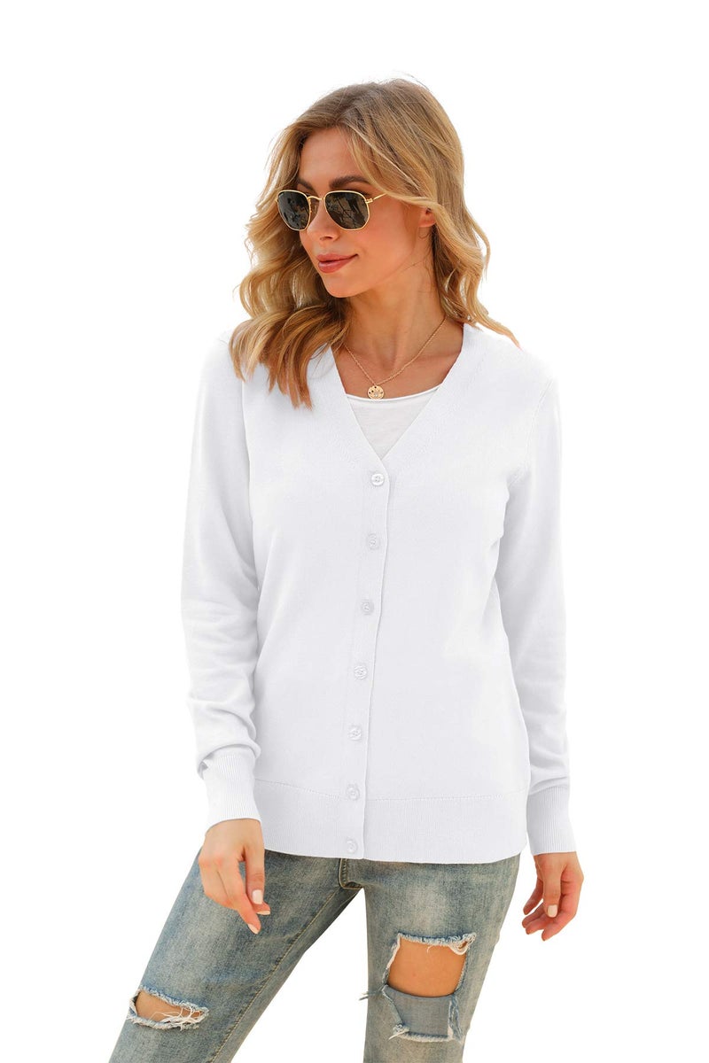VIISHOW Women's V-Neck Button Down Knitwear Long Sleeve Soft Basic Knit Cardigan Sweater, Pure White, XX-Large - Image 3